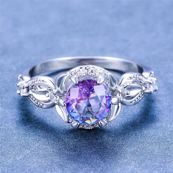 Women's Amethyst Round Cut Ring with Pave Accents set in a Gorgeues Setting - Picture 1 of 4